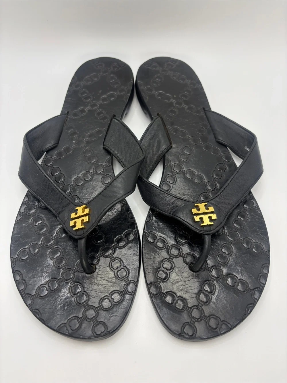 Tory Burch Black Leather Logo Thong Sandals with Gold Emblem